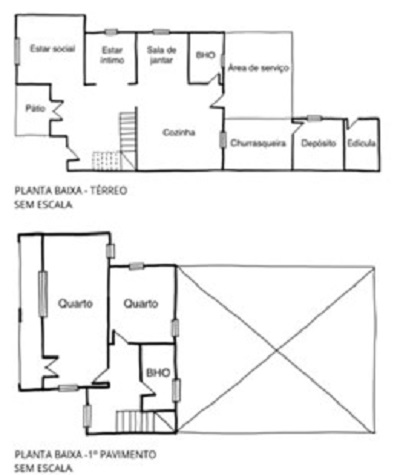Figura 5 – Esquema em planta baixa do térreo e primeiro pavimento da residência nº 257. Fonte: Autoras, 2020