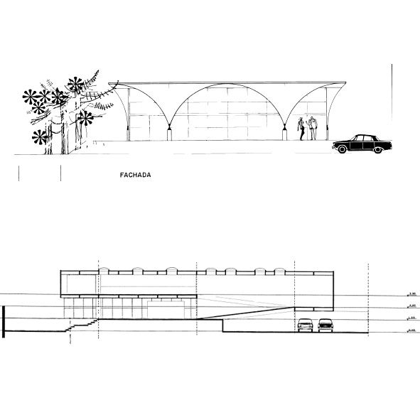 Image 3: Elevation of one of the two projects of   José Vieitas Neto’s residence (1968).  Cut of one of the two projects of     José Vieitas Neto’s residence (1968).  Source: Digital Collection FAUUSP Library.