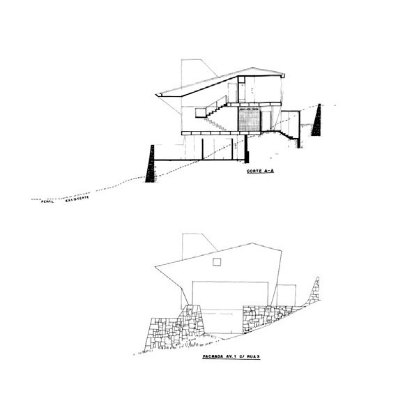 Fig. 5 - Desenhos originais. Corte e elevação projeto residência José Franco de Souza (1958). Fonte: Acervo Digital Biblioteca FAUUSP
