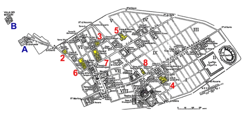 Figura 3 - Mapa de Pompéia. Casas urbanas (2 a 7) e vilas (A e B) BENÉVOLO, 1997, p. 165.